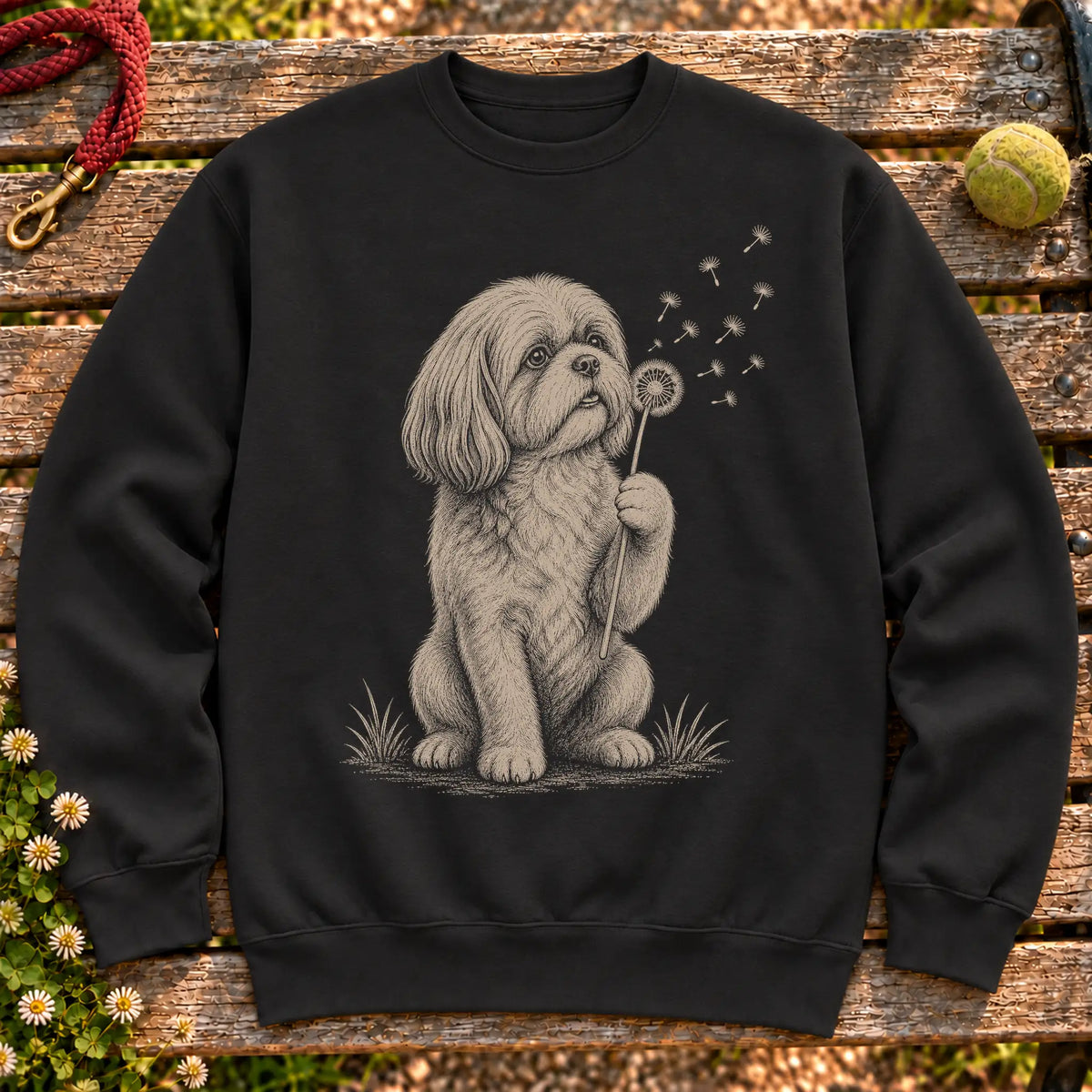 Shih Tzu Dandelion on a Black crewneck sweatshirt, shown flat