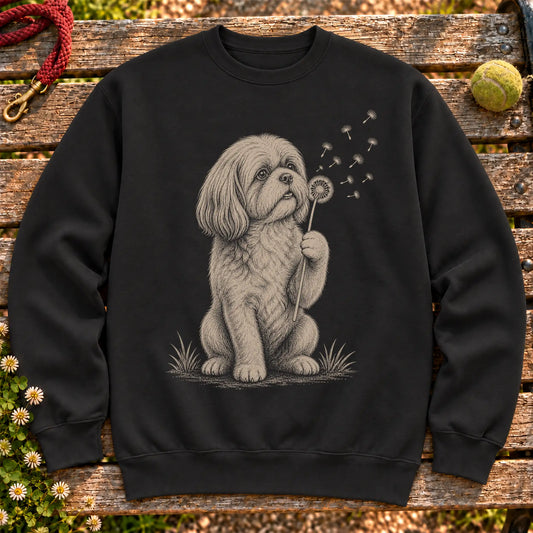 Shih Tzu Dandelion on a Black crewneck sweatshirt, shown flat
