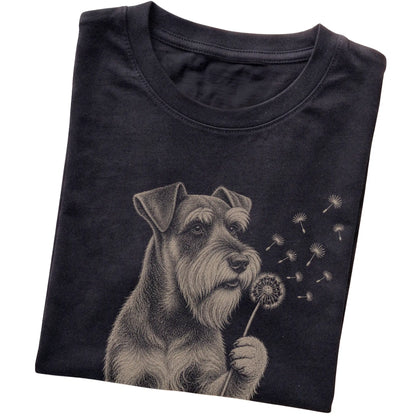 Black T-shirt featuring Dandelion American Bulldog, folded presentation