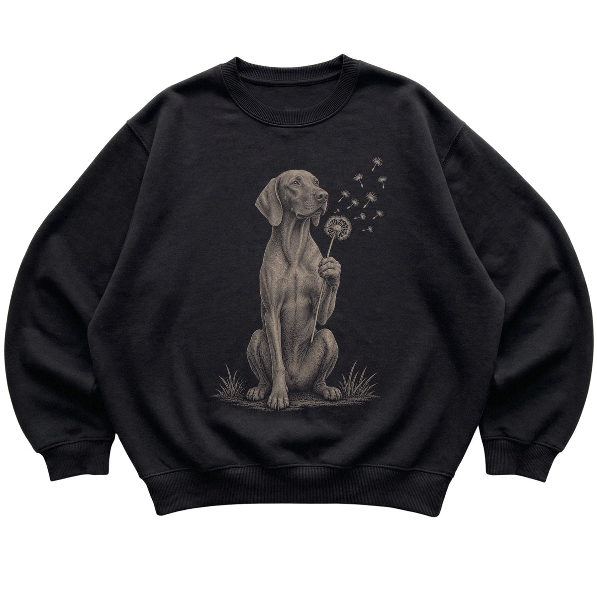 Black crewneck sweatshirt featuring Dandelion Vizsla, laid-flat presentation