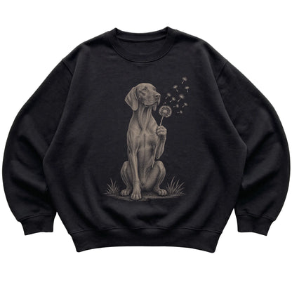 Black crewneck sweatshirt featuring Dandelion Vizsla, laid-flat presentation
