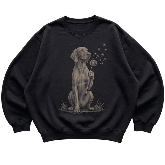 Black crewneck sweatshirt featuring Dandelion Vizsla, laid-flat presentation