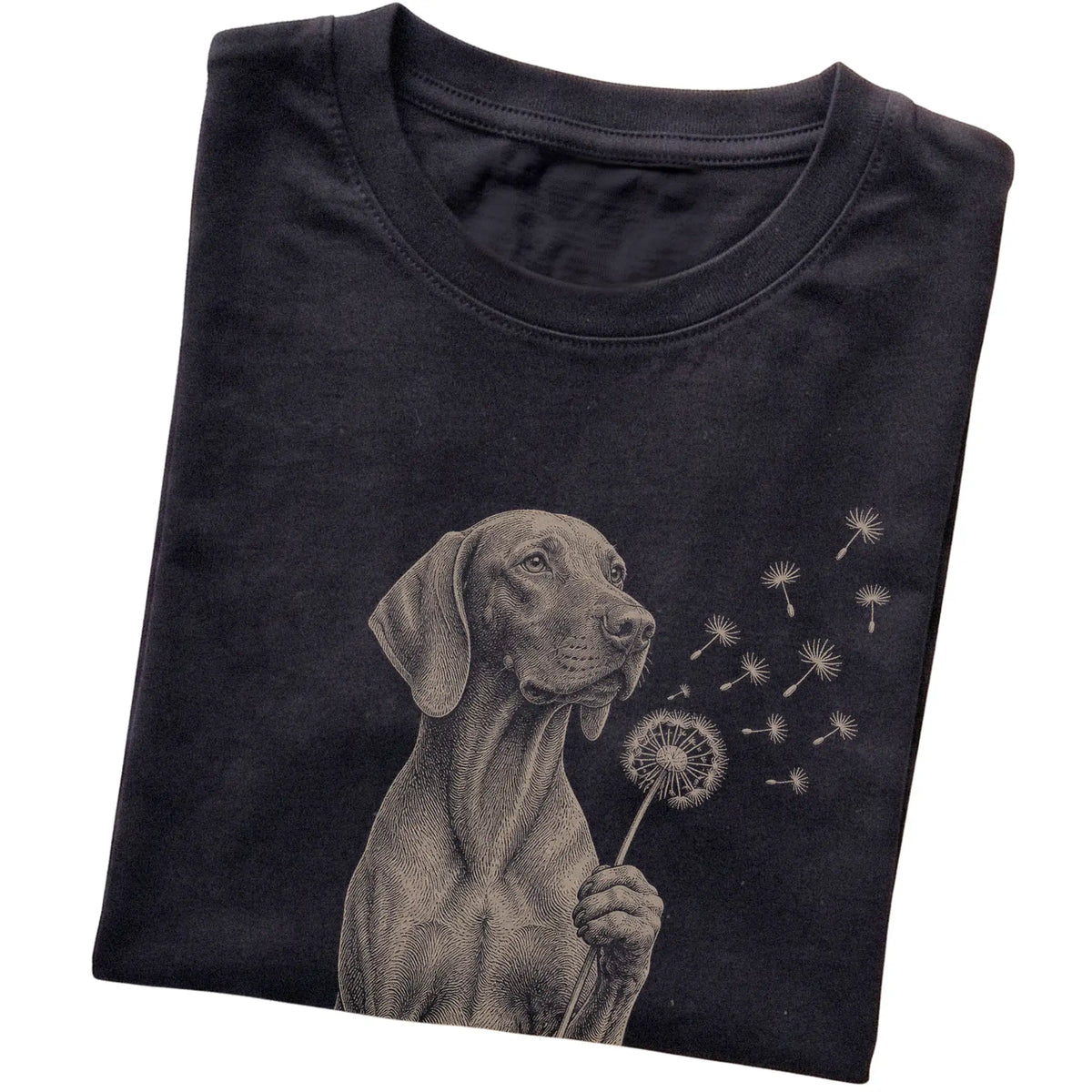 Black T-shirt featuring Dandelion Vizsla, folded presentation