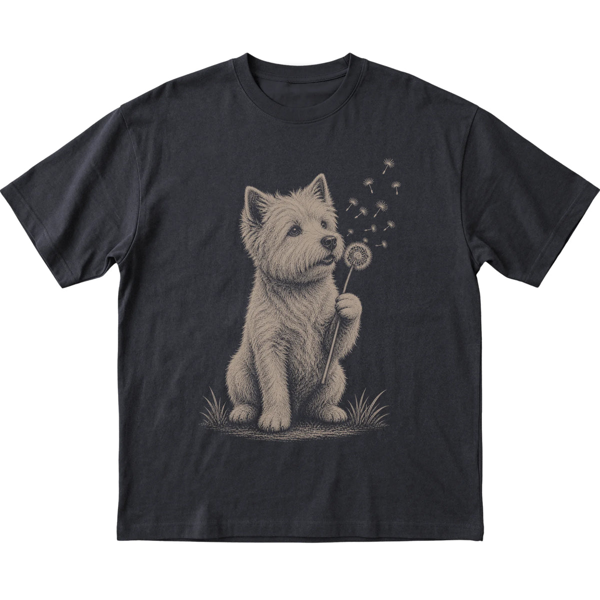 Black T-shirt featuring Dandelion Westie, laid-flat presentation