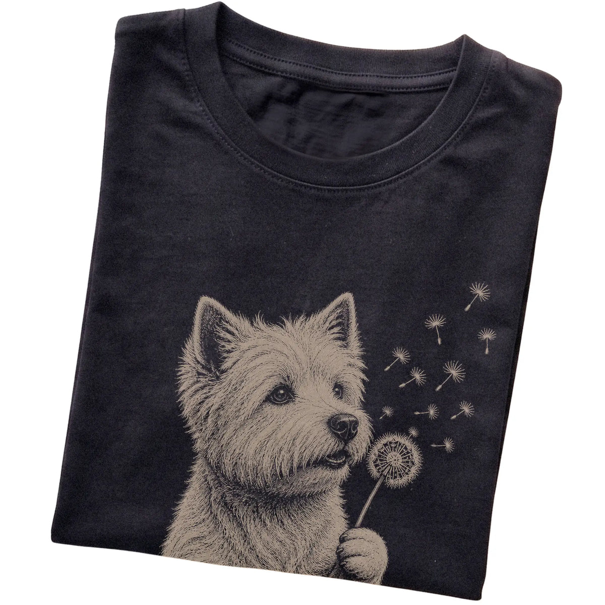 Black T-shirt featuring Dandelion Westie, folded presentation