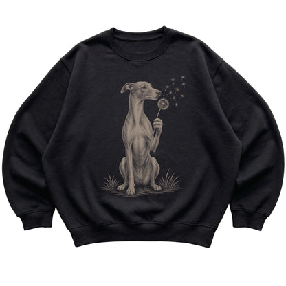 Black crewneck sweatshirt featuring Dandelion Whippet, laid-flat presentation