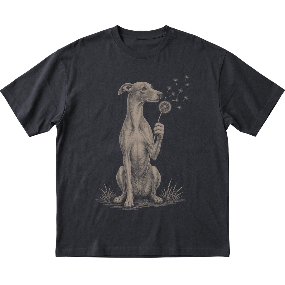 Black T-shirt featuring Dandelion Whippet, laid-flat presentation