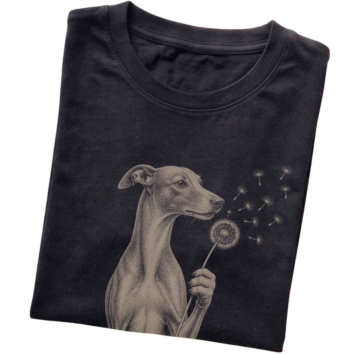 Black T-shirt featuring Dandelion Whippet, folded presentation