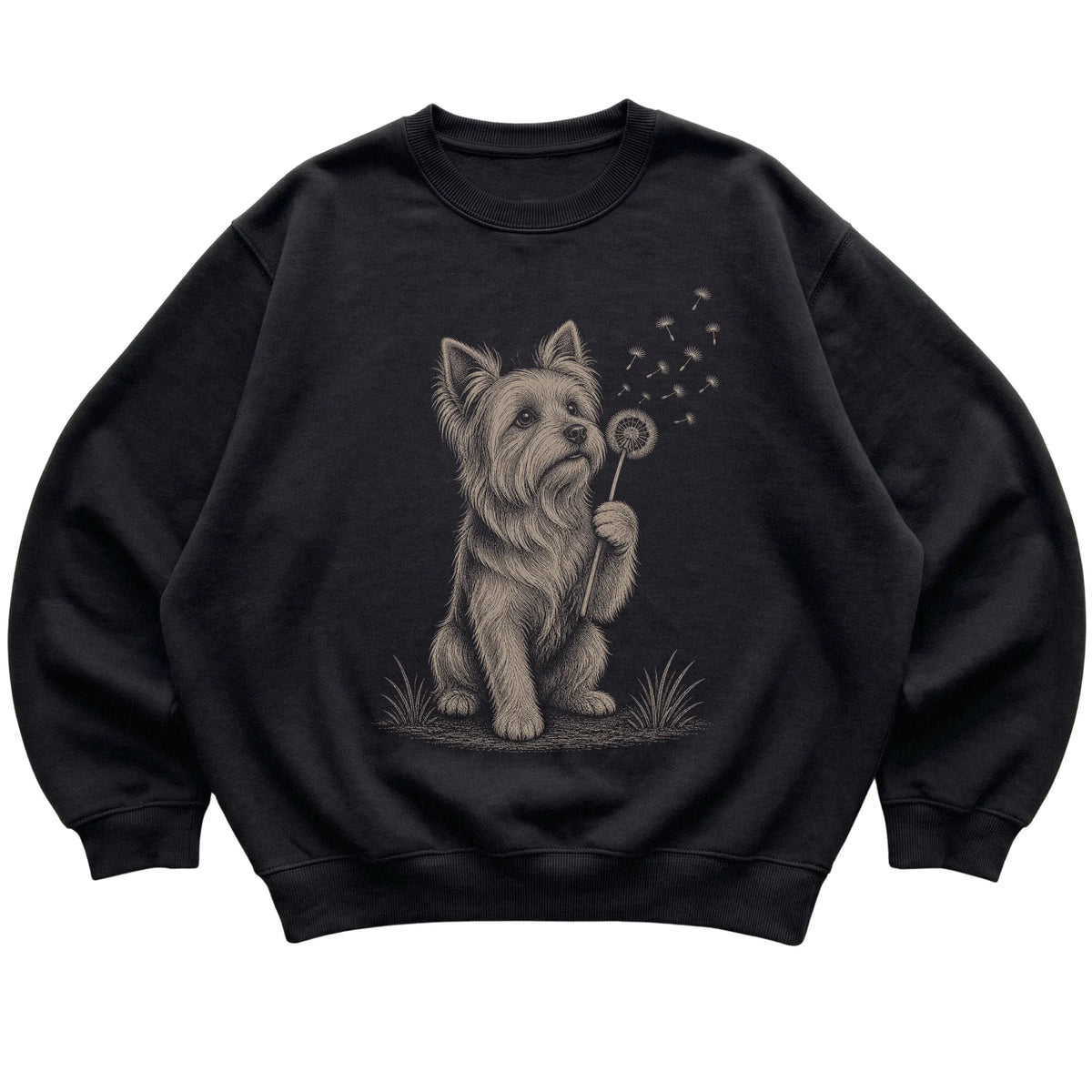 Black crewneck sweatshirt featuring Dandelion Yorkie, laid-flat presentation