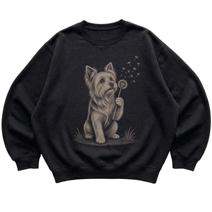 Black crewneck sweatshirt featuring Dandelion Yorkie, laid-flat presentation