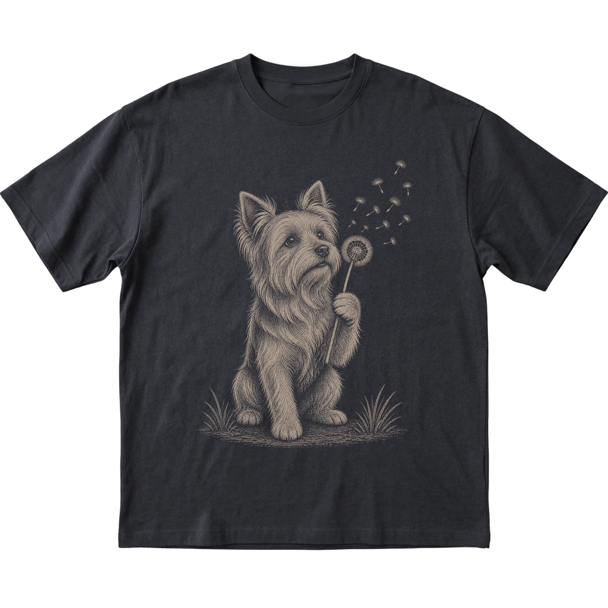 Black T-shirt featuring Dandelion Yorkie, laid-flat presentation