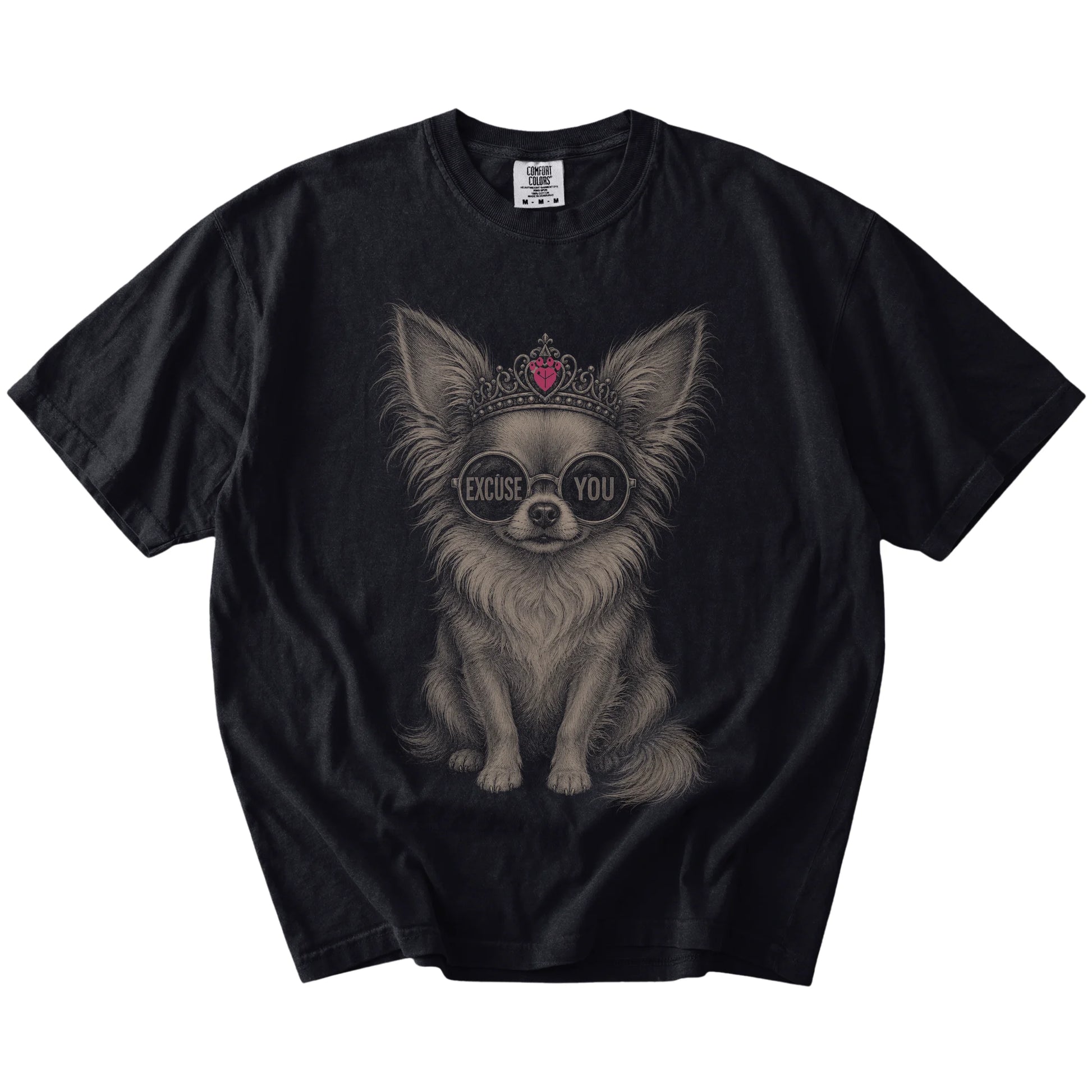 Black Diva Long-Haired Chihuahua T-Shirt laid flat