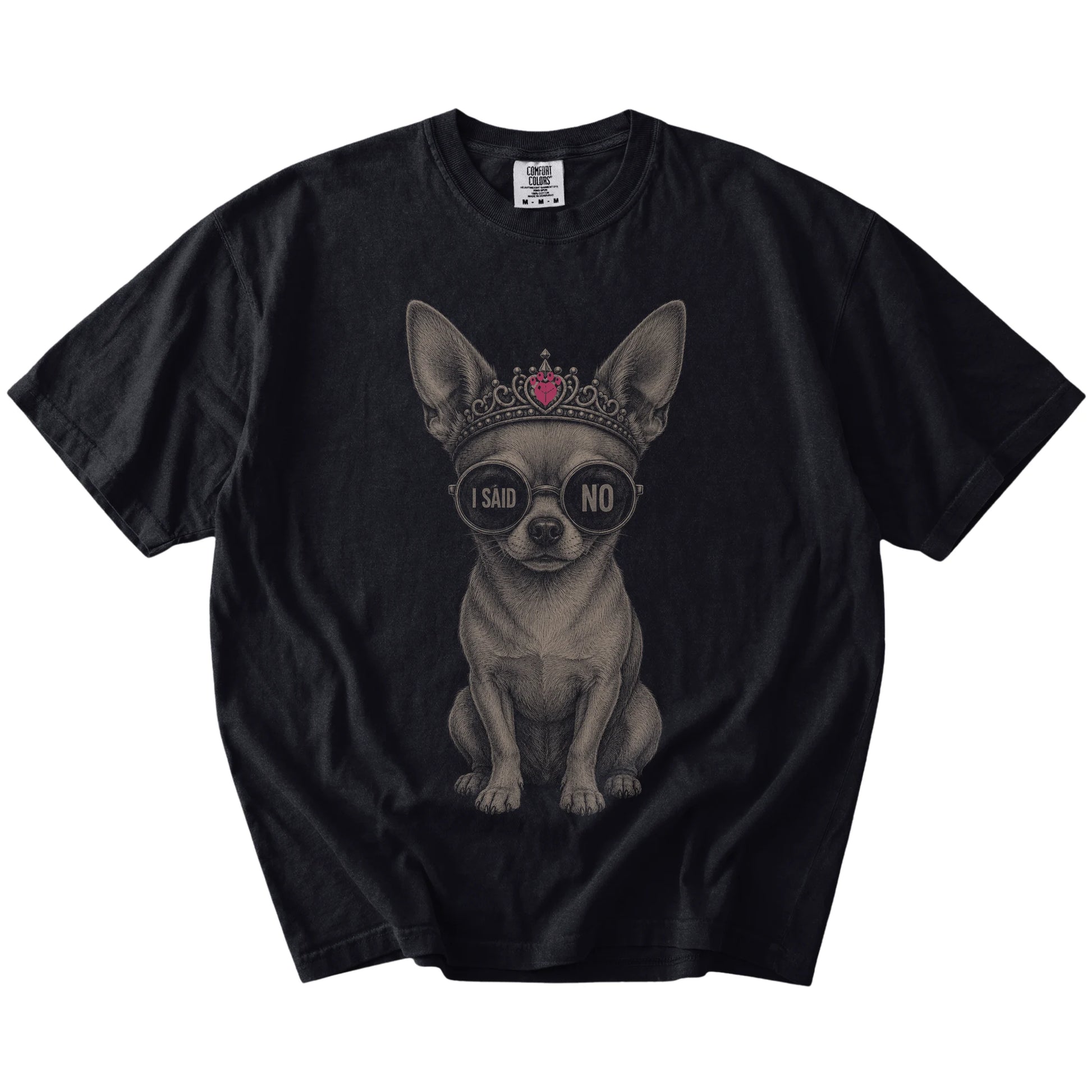 Black Diva Short-Haired Chihuahua T-Shirt laid flat