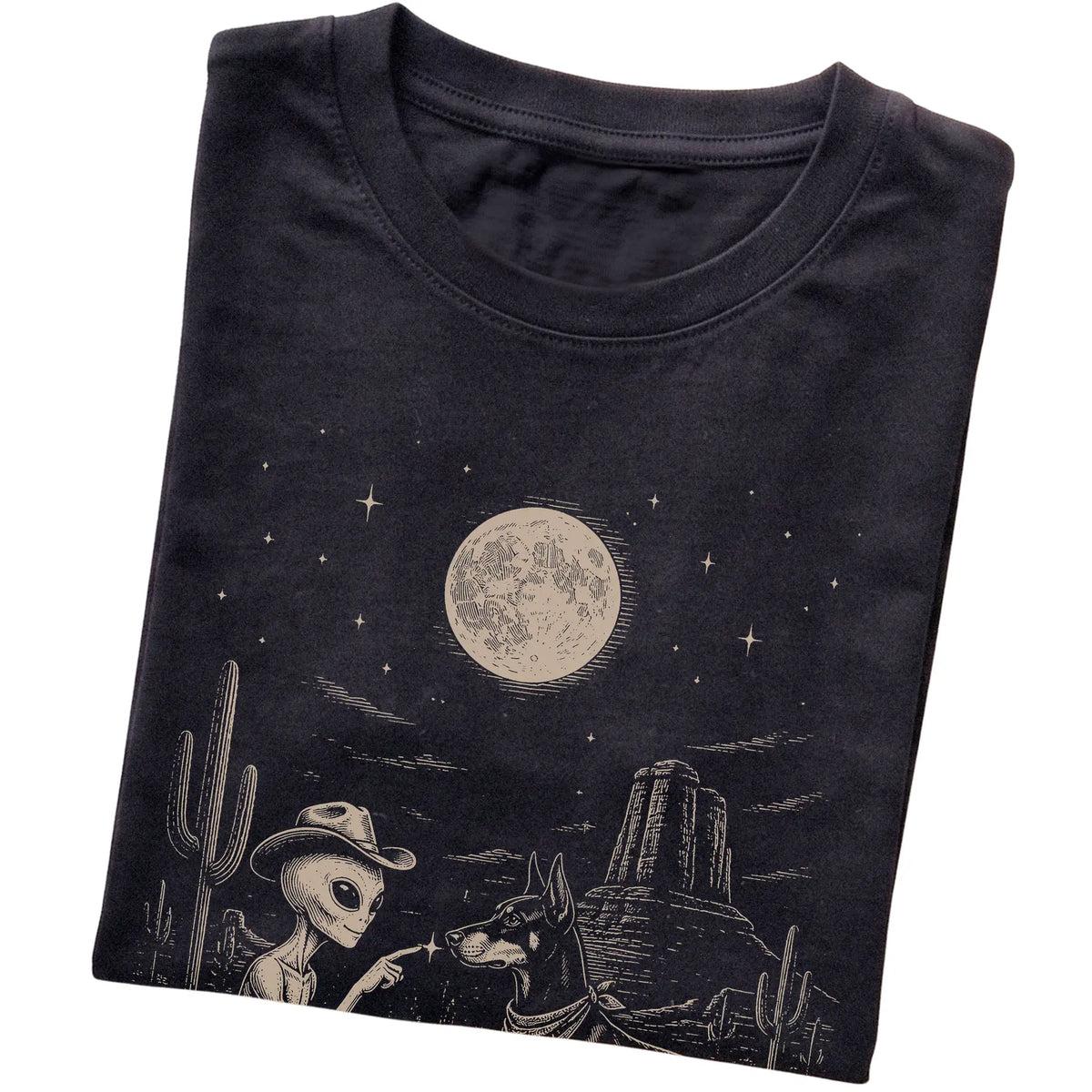 Black T-shirt featuring Doberman Cowboy and Alien, folded presentation