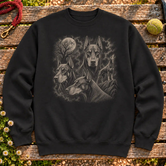 Doberman 90s Moon design on a Black crewneck sweatshirt shown flat