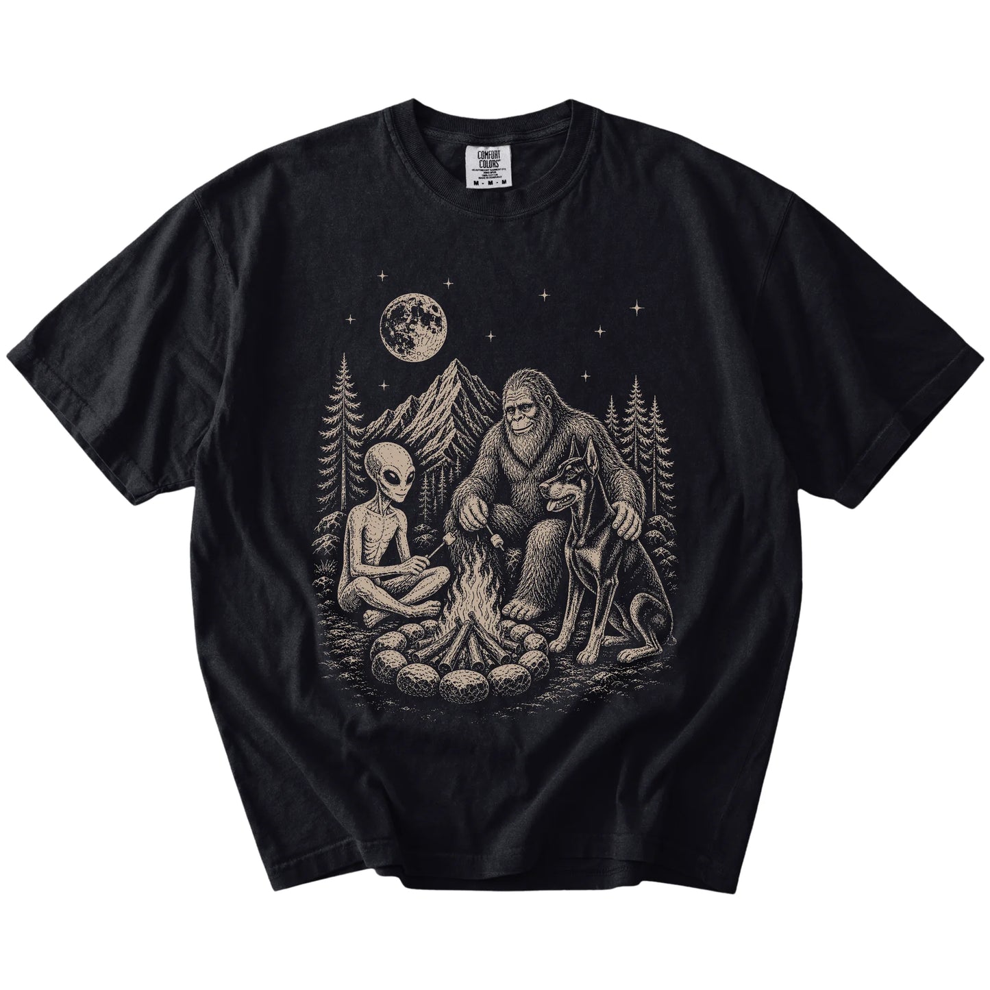 Doberman camping with Bigfoot and an alien on a Black Comfort Colors® T-shirt