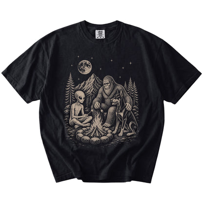 Doberman camping with Bigfoot and an alien on a Black Comfort Colors® T-shirt