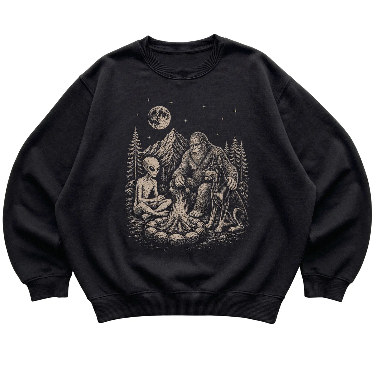 Black Doberman Camping with Bigfoot and Alien shirt laid flat