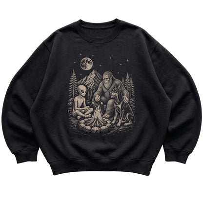 Black Doberman Camping with Bigfoot and Alien shirt laid flat