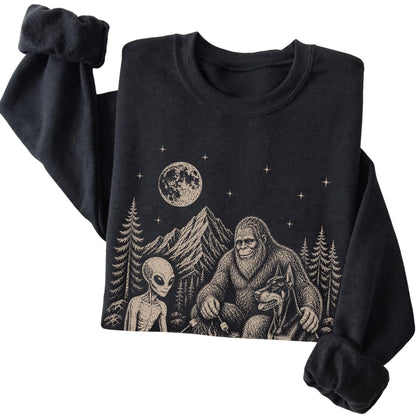 Black Doberman Camping with Bigfoot and Alien folded detail view