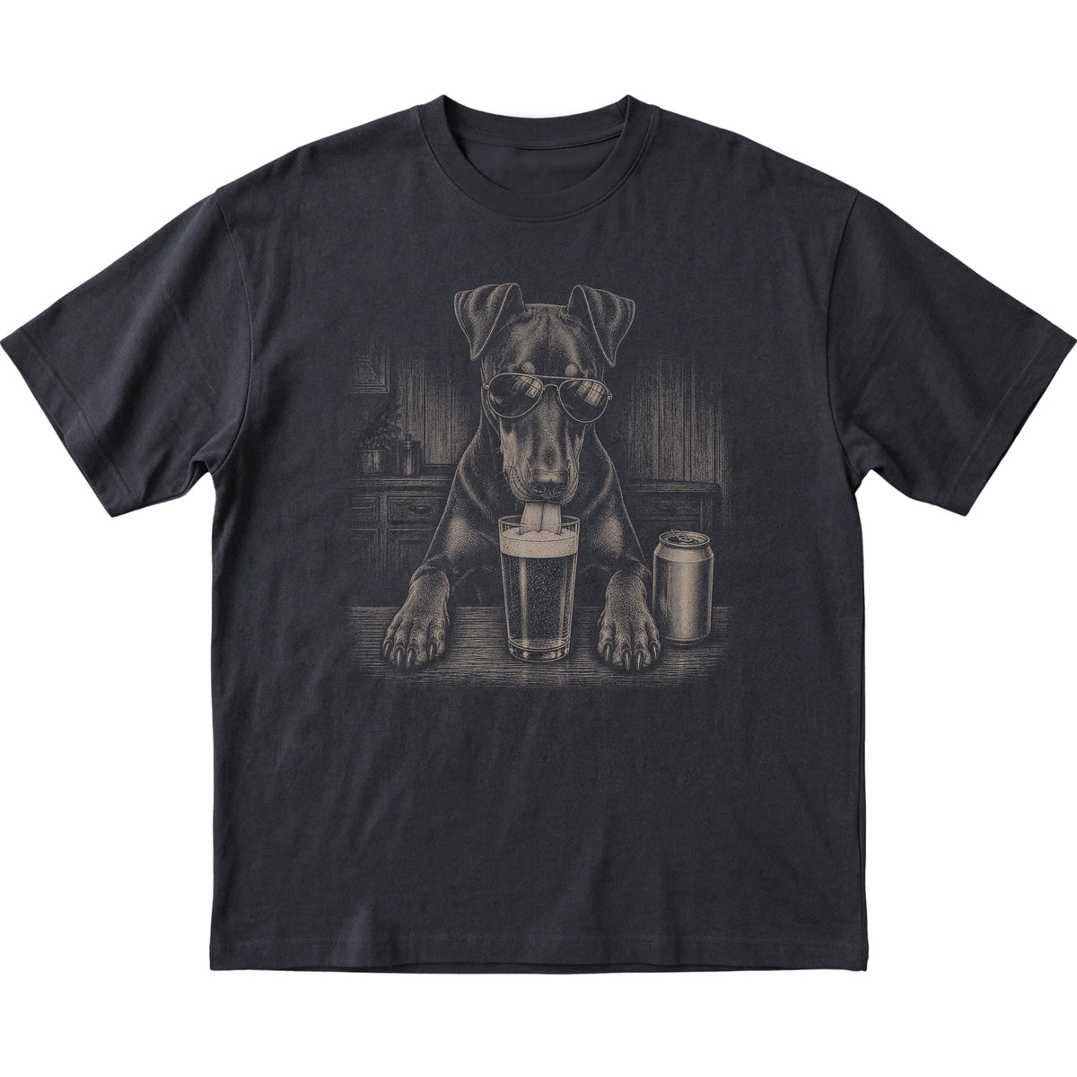 Black Doberman drinking from a pint at a bar, laid flat