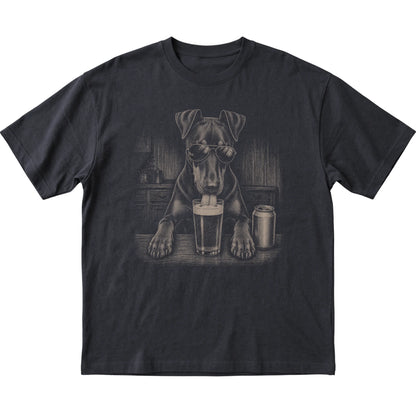 Black Doberman drinking from a pint at a bar, laid flat