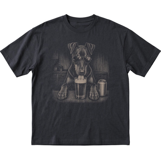 Black Doberman drinking from a pint at a bar, laid flat