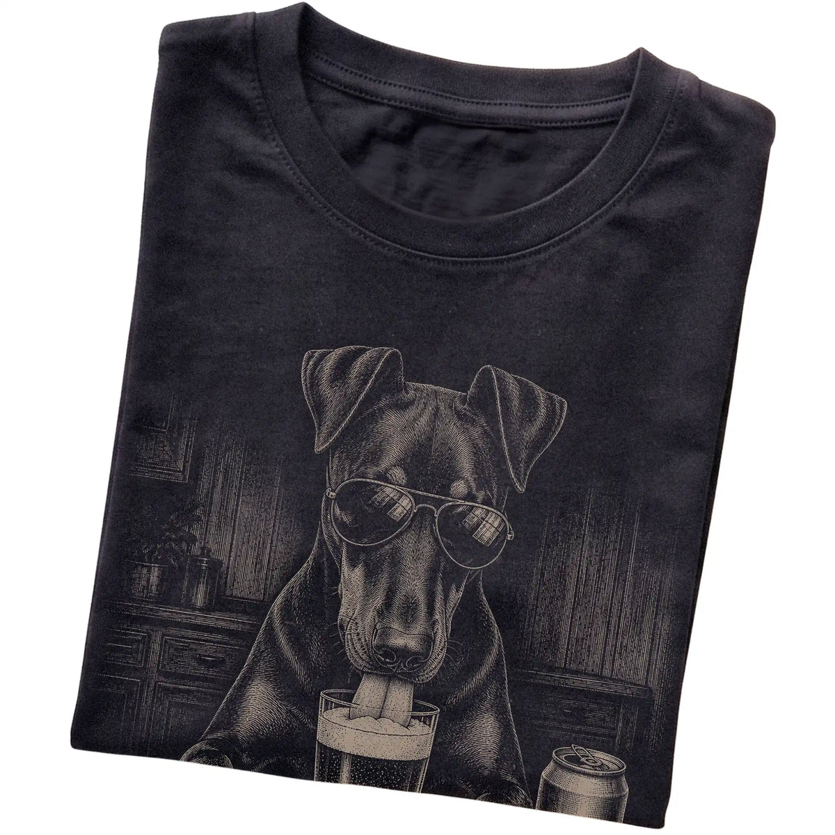 Black Doberman drinking from a pint at a bar, folded detail view
