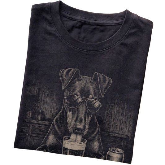 Black Doberman drinking from a pint at a bar, folded detail view