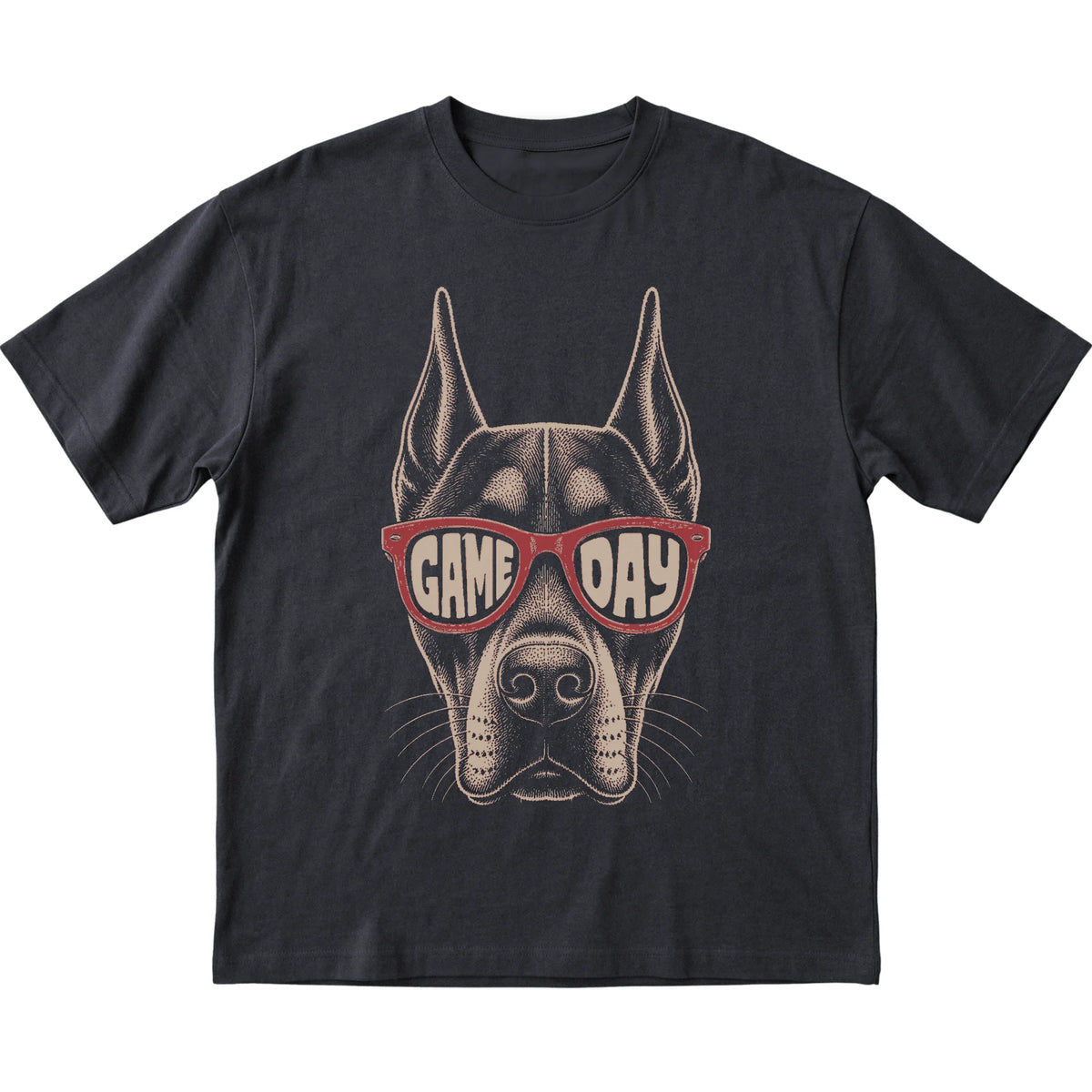 Black Doberman Game Day Sunglasses T-shirt, laid flat
