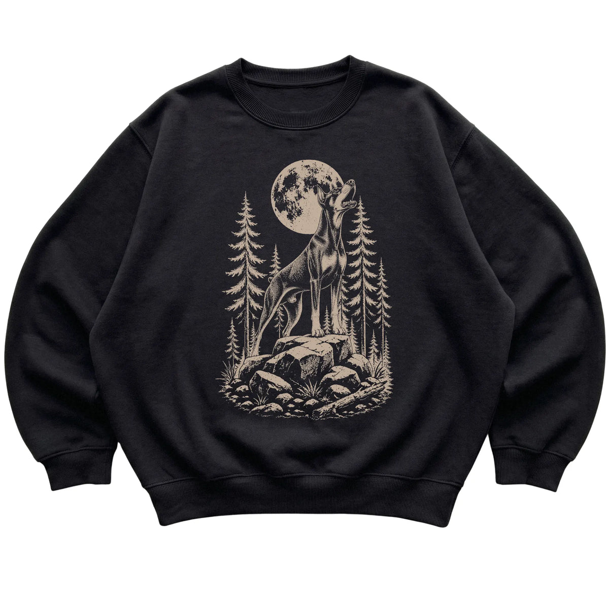 Close view of Doberman Howling at the Moon artwork on Black crewneck sweatshirt