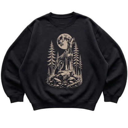 Close view of Doberman Howling at the Moon artwork on Black crewneck sweatshirt