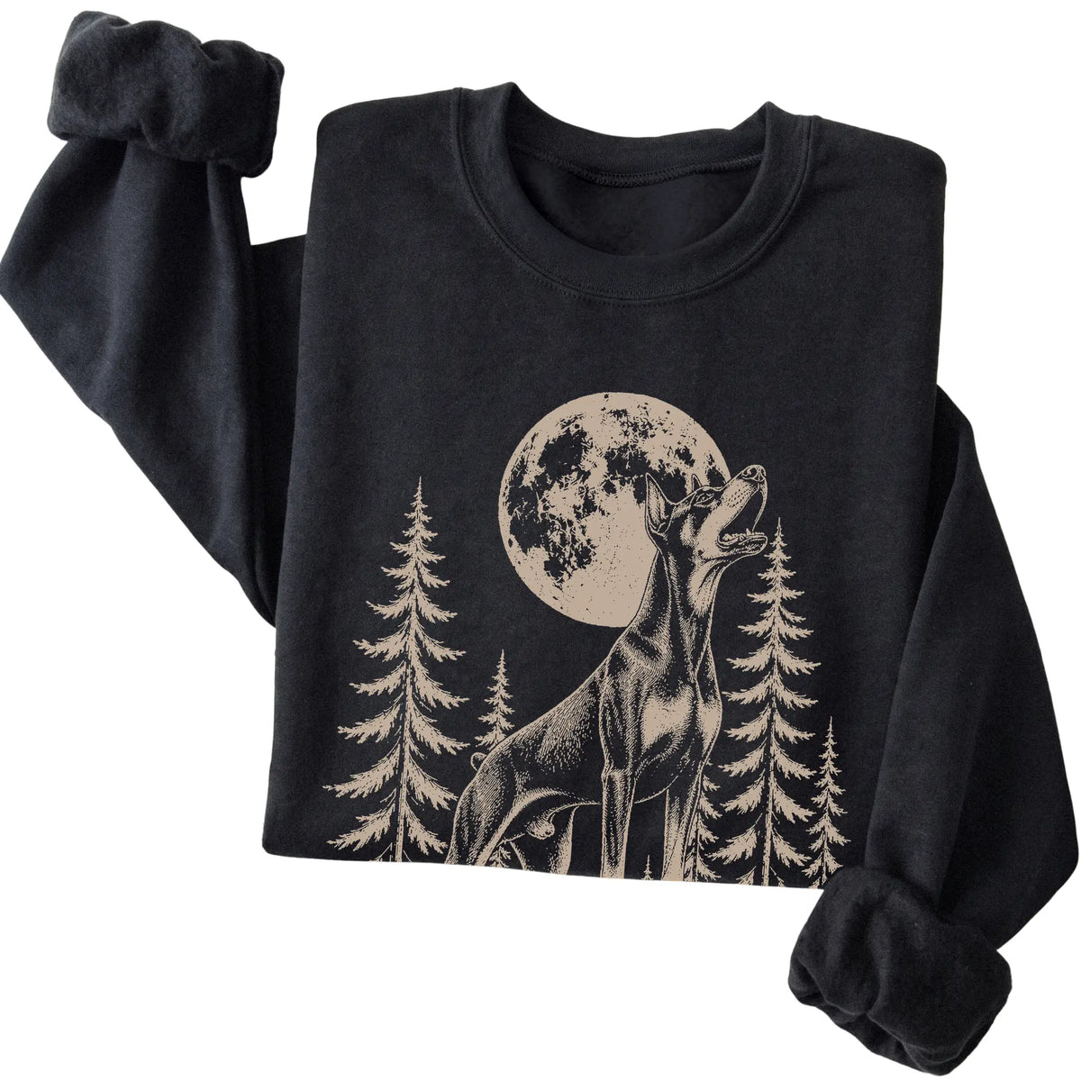 Doberman Howling at the Moon crewneck sweatshirt in Black
