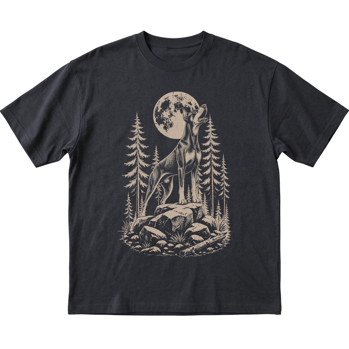 Close view of Doberman Howling at the Moon artwork on Black softstyle T-shirt