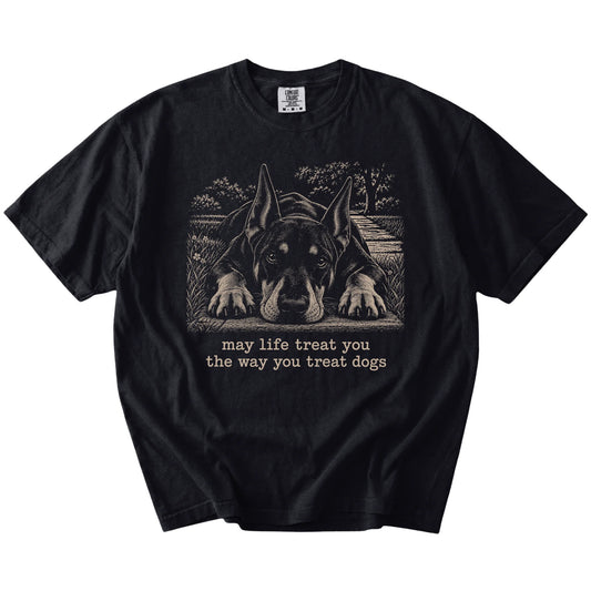 Doberman Karma Comfort Colors T-shirt in Black — Flat Lay