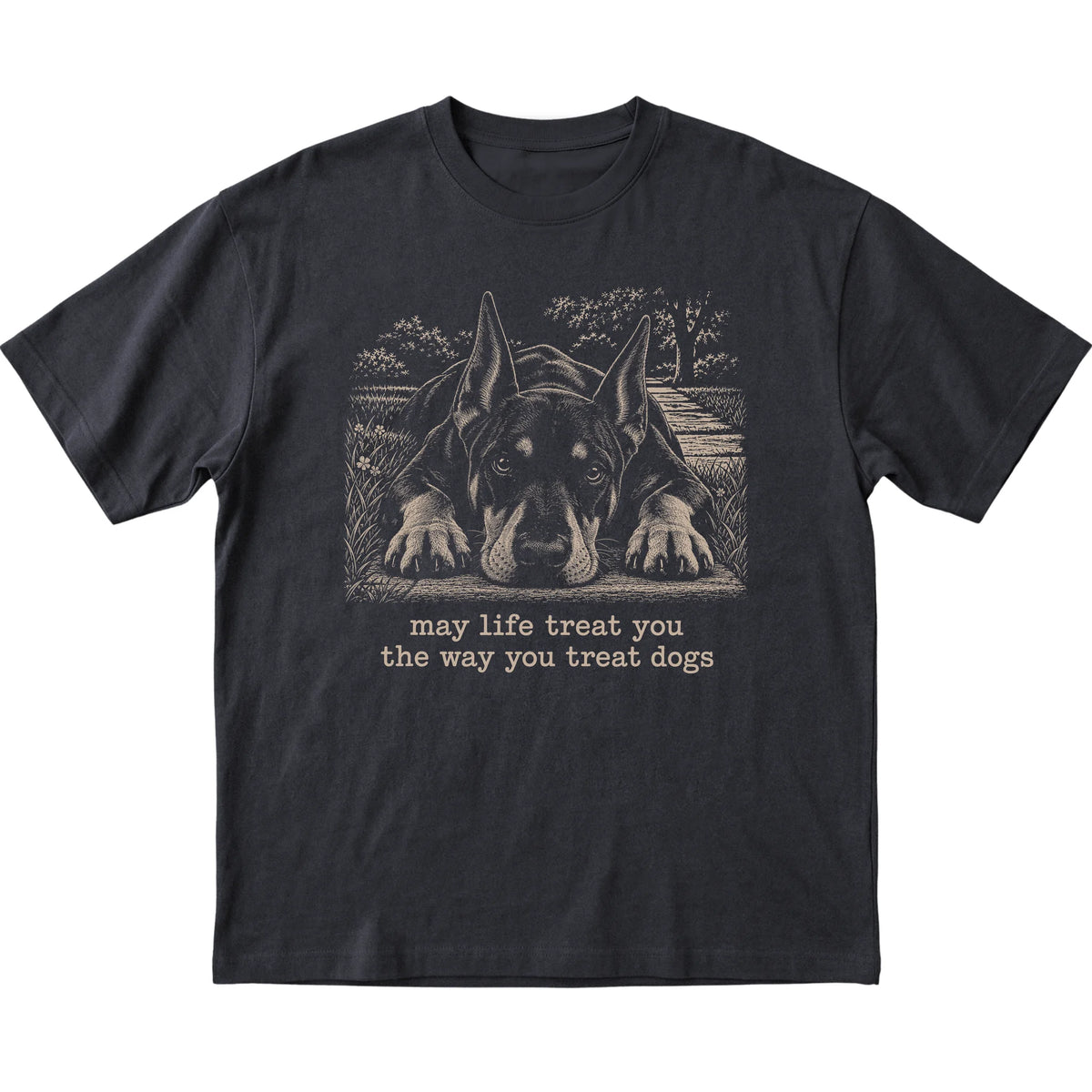 Doberman Karma Softstyle T-shirt in Black — Flat Lay