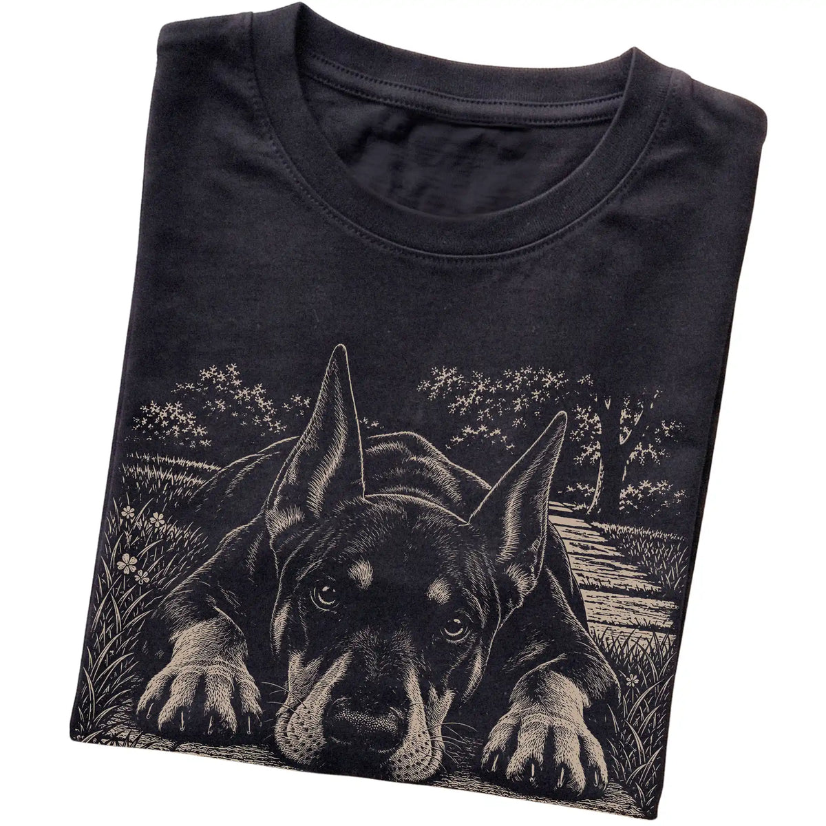 Doberman Karma Softstyle T-shirt in Black — Folded Detail