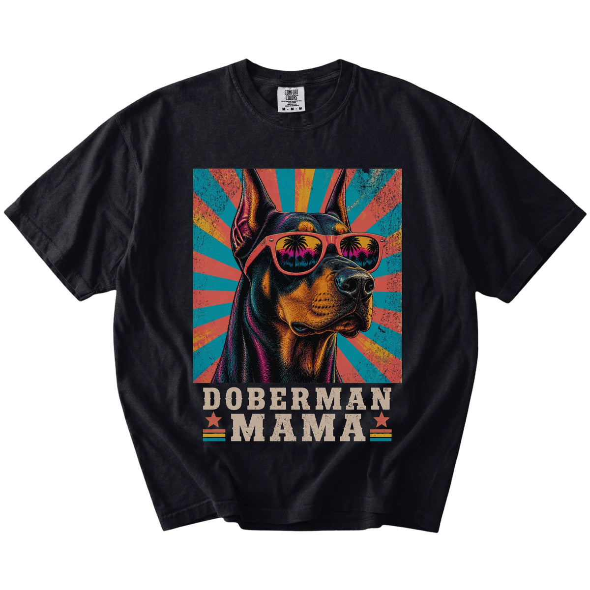 Retro Doberman Mama design on a Black Comfort Colors T-shirt
