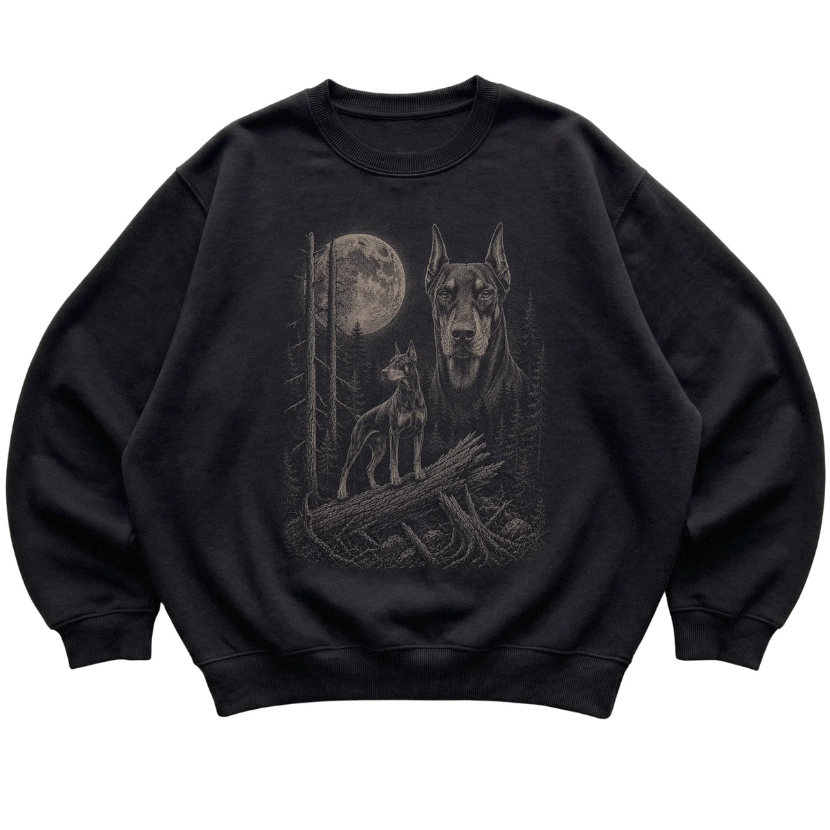 Doberman Moonlit Forest graphic on a black crewneck sweatshirt laid flat