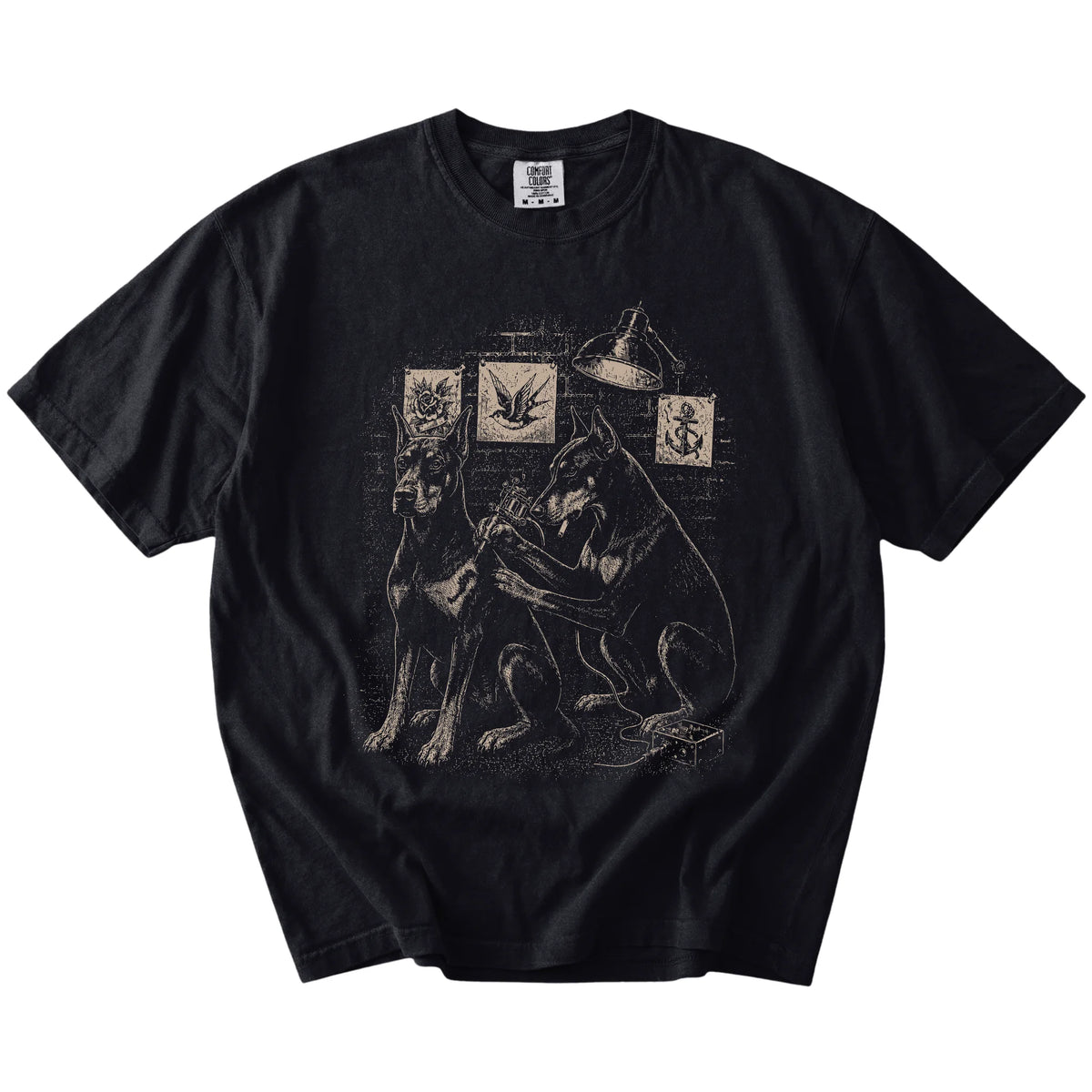 Black Doberman Tattoo t-shirt laid flat
