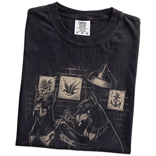 Folded Black Doberman Tattoo t-shirt showing the graphic