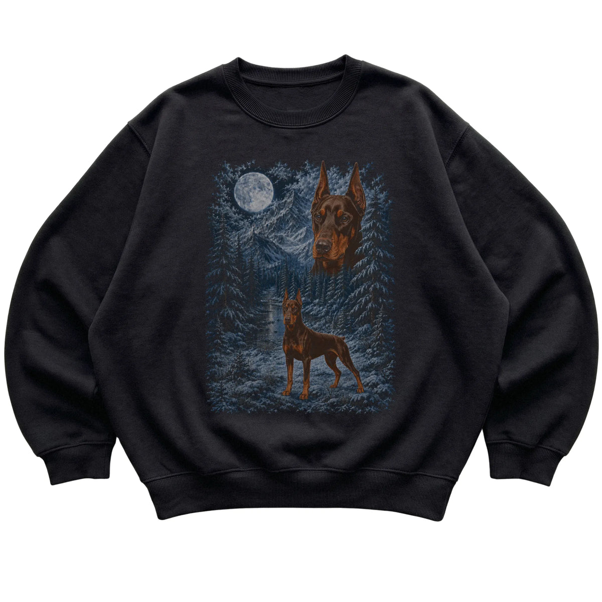 black sweatshirt with Doberman Winter Moon artwork.