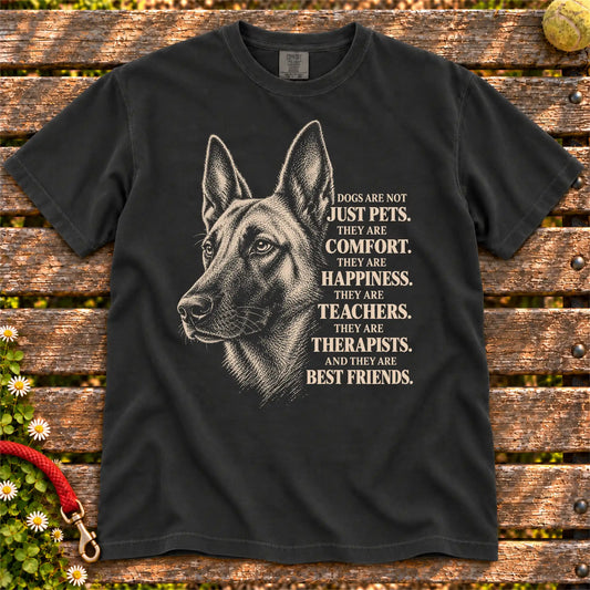 Dogs Are Not Just Pets Belgian Malinois text design on a Black Comfort Colors T-shirt