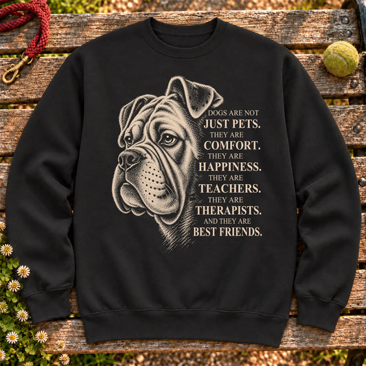 Dogs Are Not Just Pets Boxer text design on a Black crewneck sweatshirt