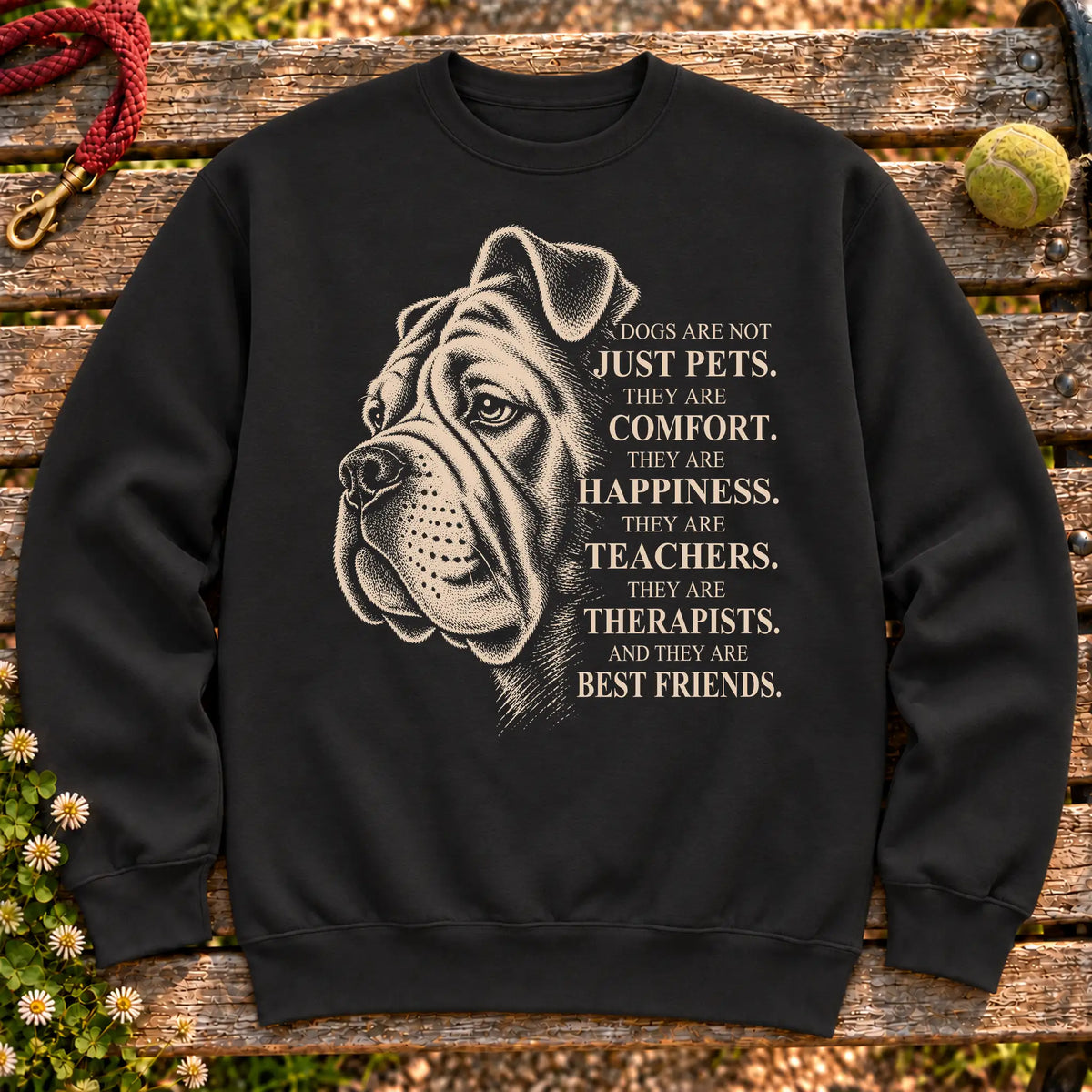 Dogs Are Not Just Pets Bulldog text design on a Black crewneck sweatshirt