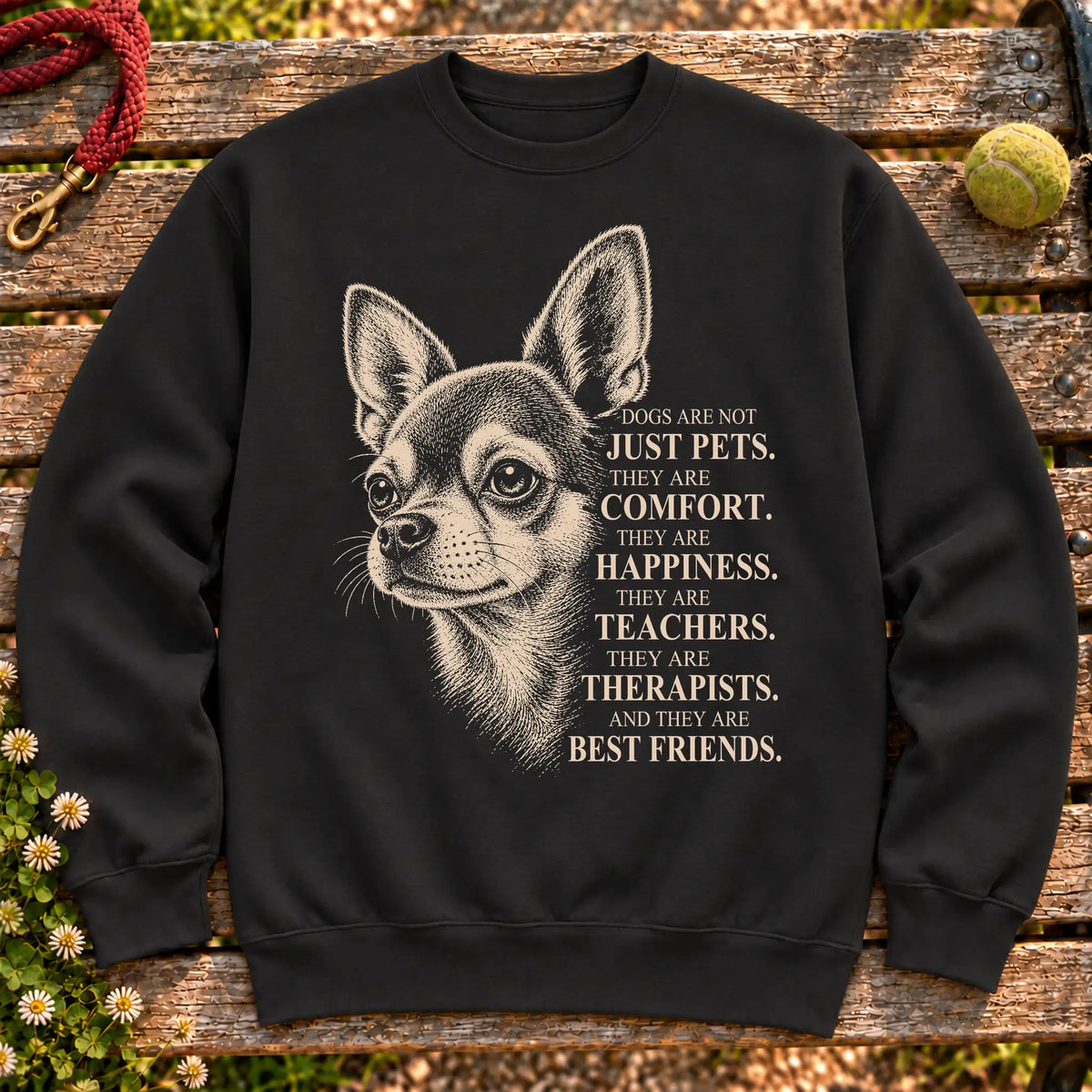 Dogs Are Not Just Pets Chihuahua text design on a Black crewneck sweatshirt