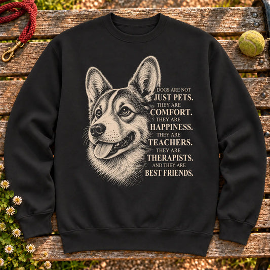 Dogs Are Not Just Pets Corgi text design on a Black crewneck sweatshirt