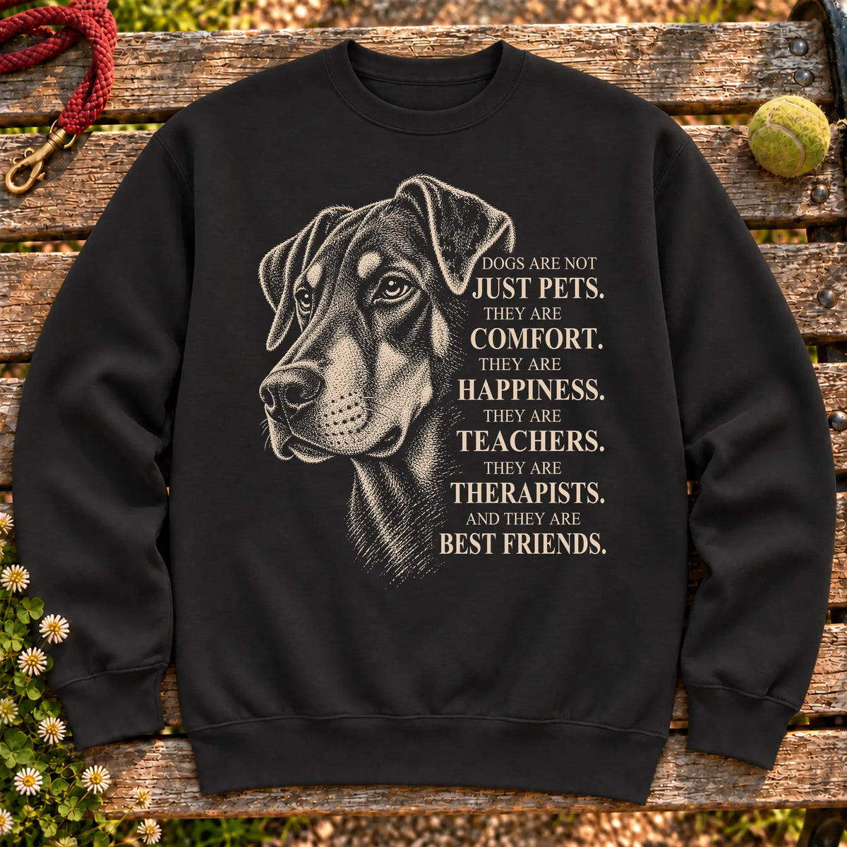 Dogs Are Not Just Pets Doberman text design on a Black crewneck sweatshirt