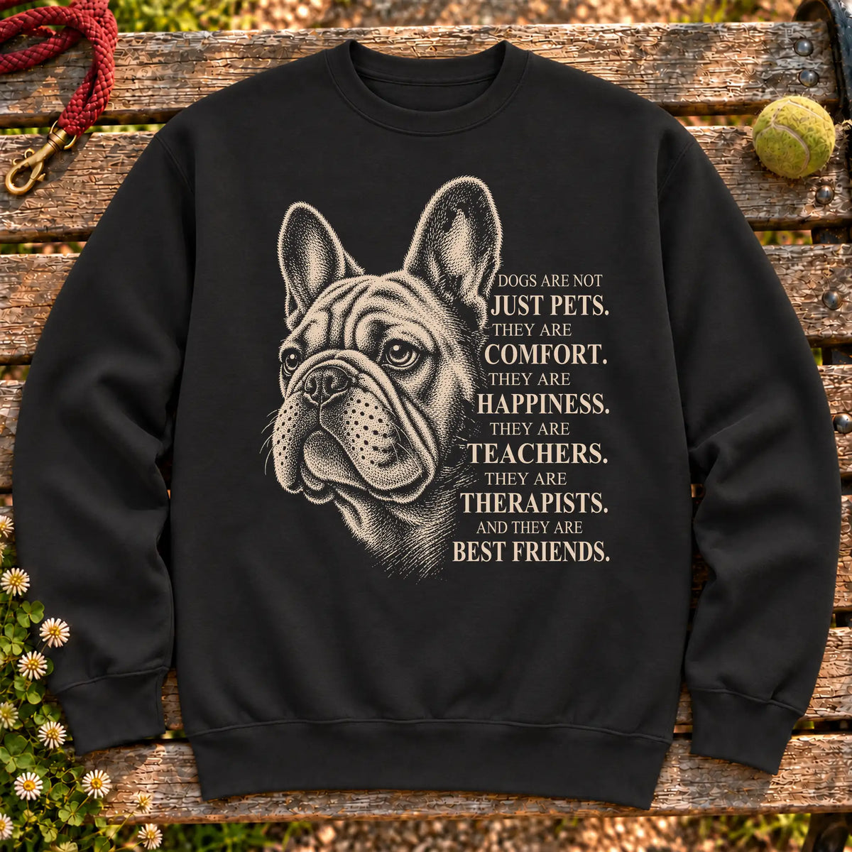 Dogs Are Not Just Pets French Bulldog text design on a Black crewneck sweatshirt