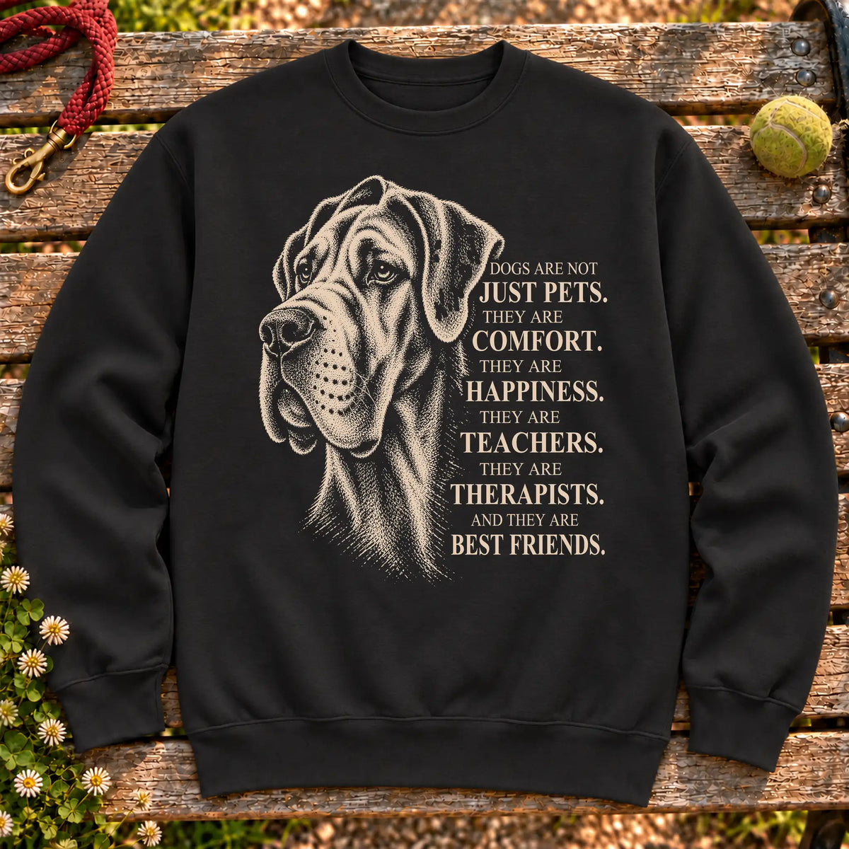 Dogs Are Not Just Pets Great Dane text design on a Black crewneck sweatshirt